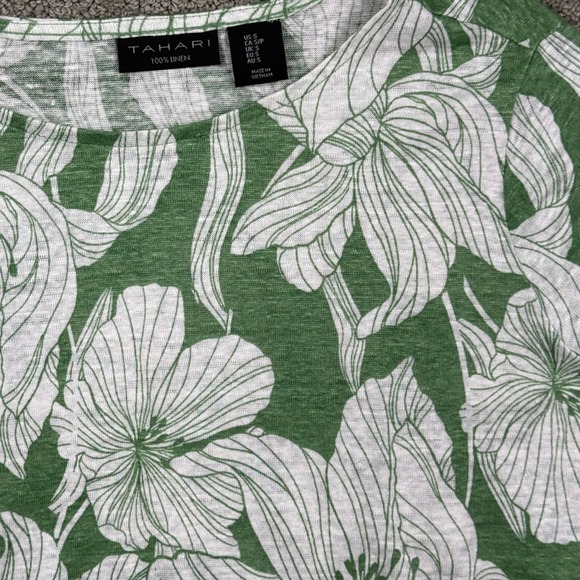 Tahari Tops - Tahari Linen Top Womens Small Green Floral Cap Sleeve Button Side Casual Summer
